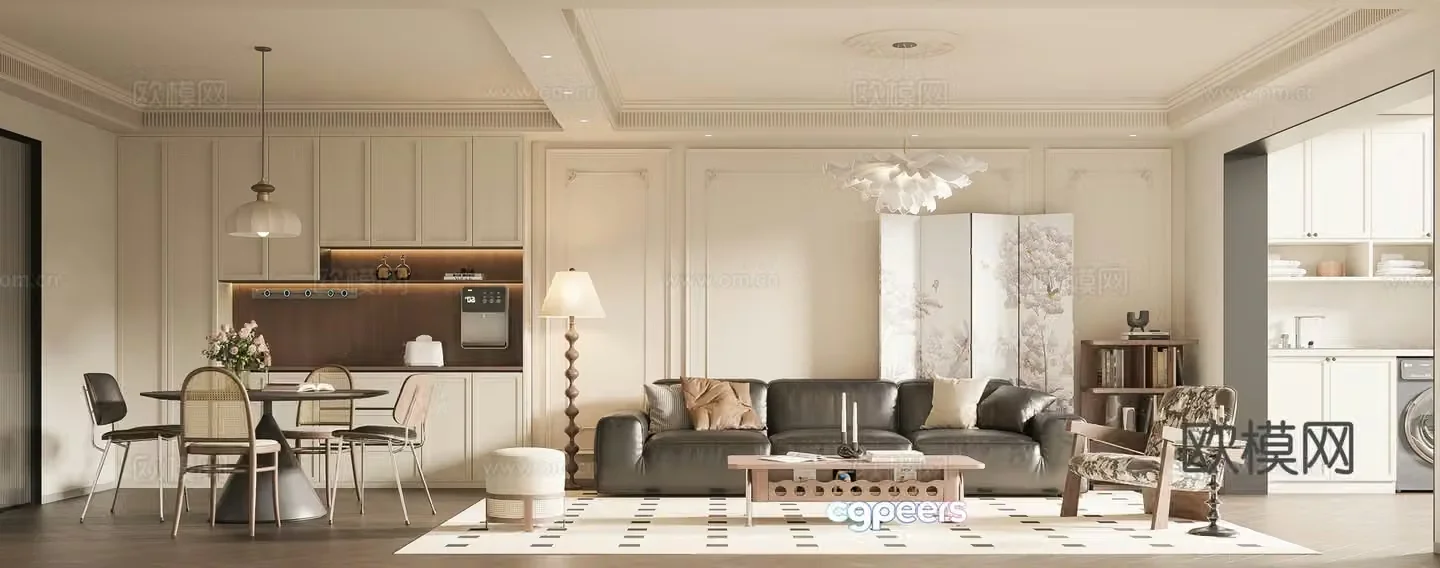 French retro living and dining room 3d model
