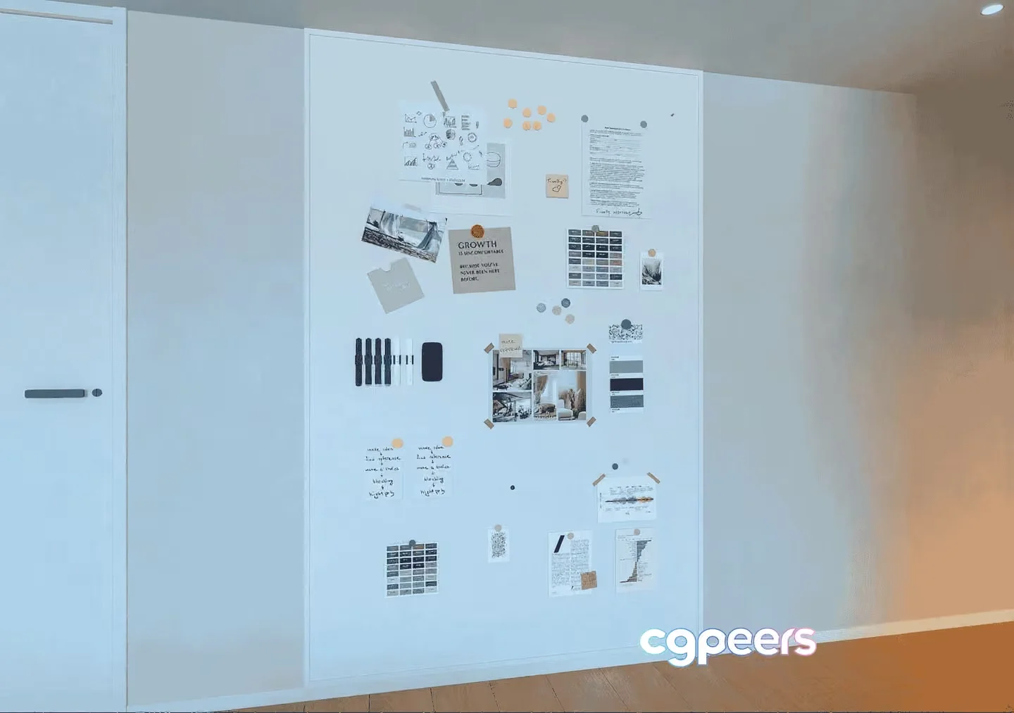 A White Wall With A Collection Of Papers And Images Pinned To It 3D Model – 14566 – VRAY Render