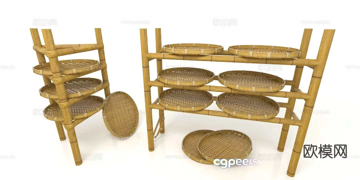 Chinese style bamboo dustpan shelf 3d model