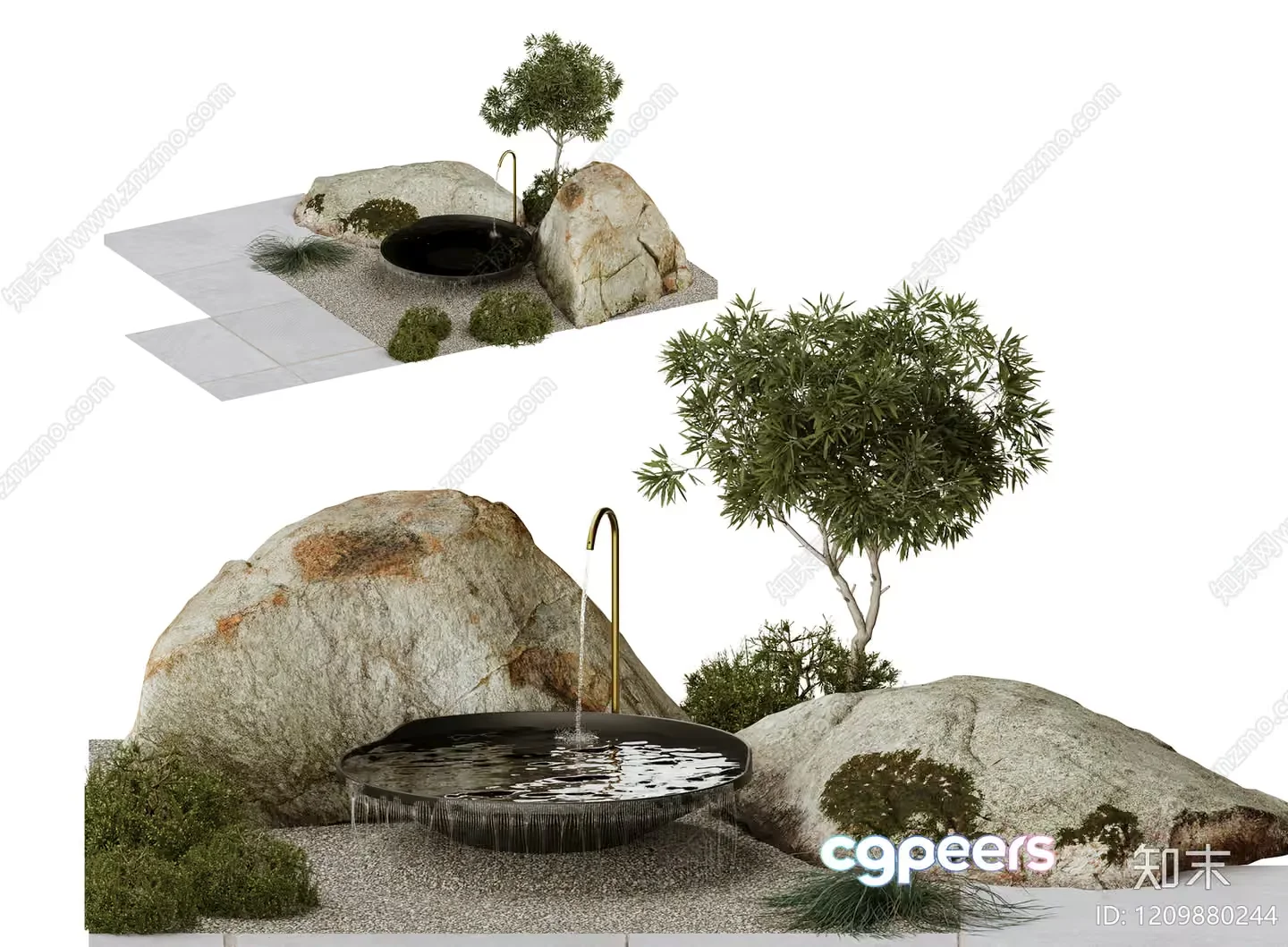 A 3D Rendering Of A Serene Outdoor Setting With A Small Water Feature 3D Model – 16632 – VRAY Render