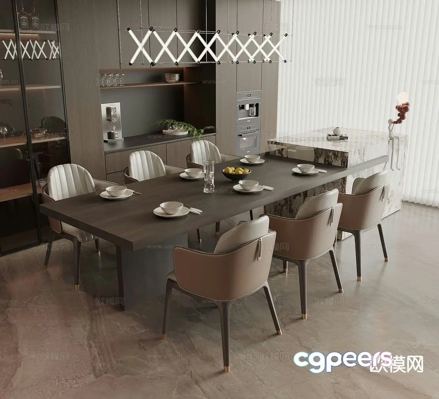 Modern island table dining table and chairs 3d model