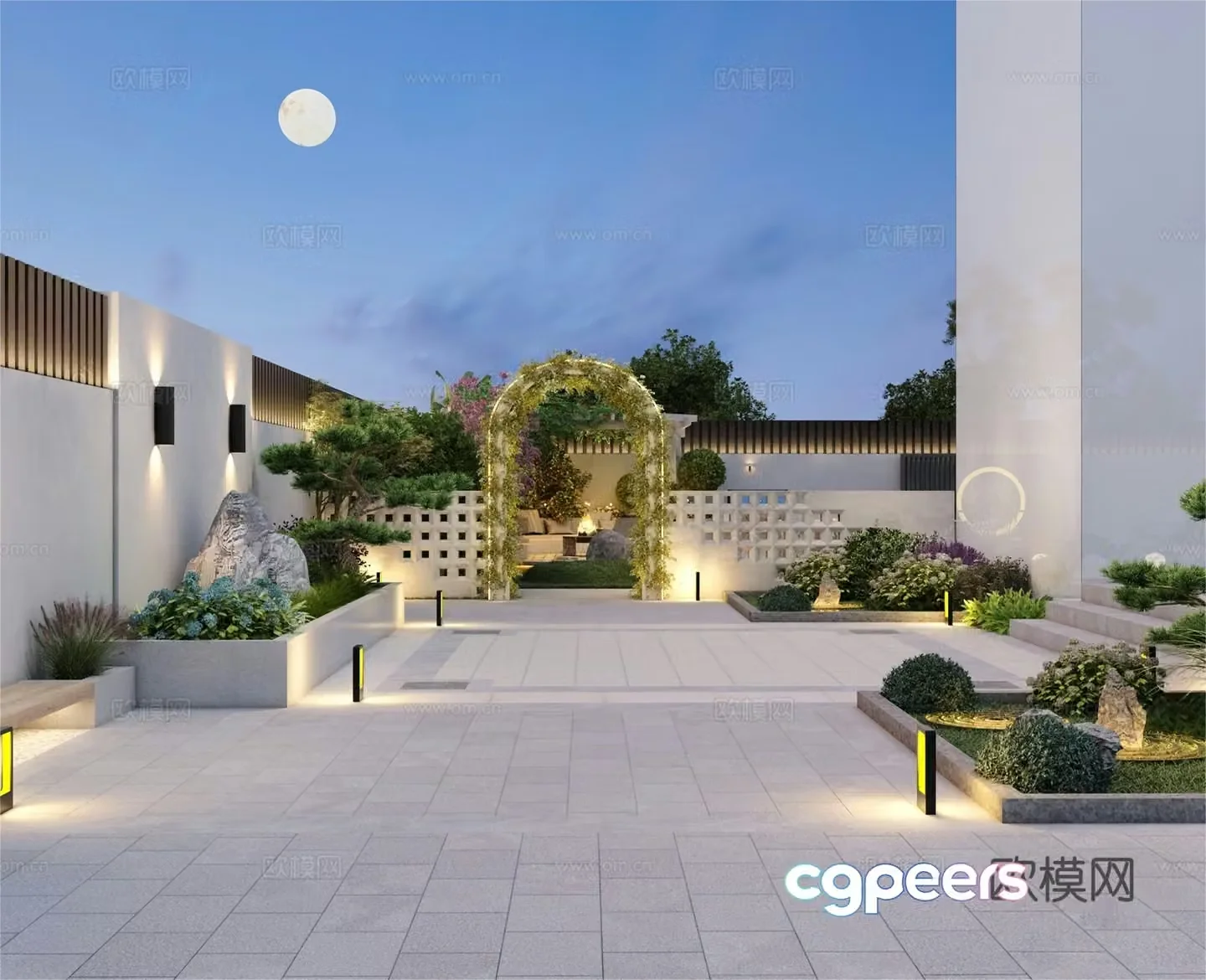 Modern courtyard landscape table and chairs view wall top view home yard 3d model