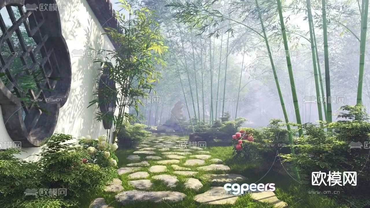 Landscape garden bamboo forest stone road 3d model