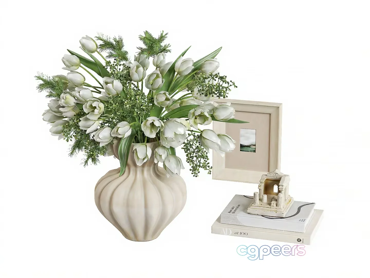 White Vase With Flowers 3D Model – 12336 – VRAY Render