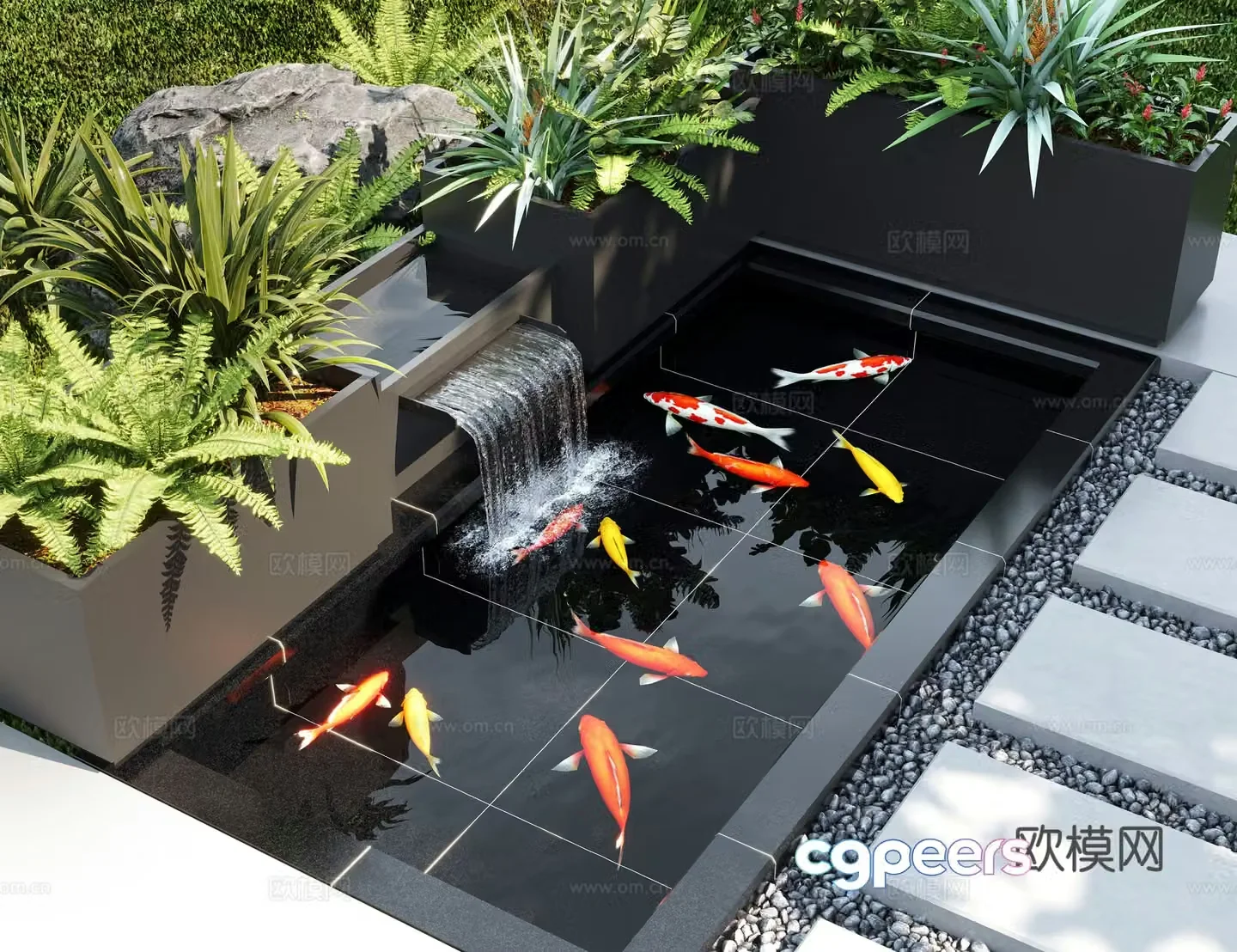 Modern courtyard landscape Garden water view Fish pond Landscape plants 3d model