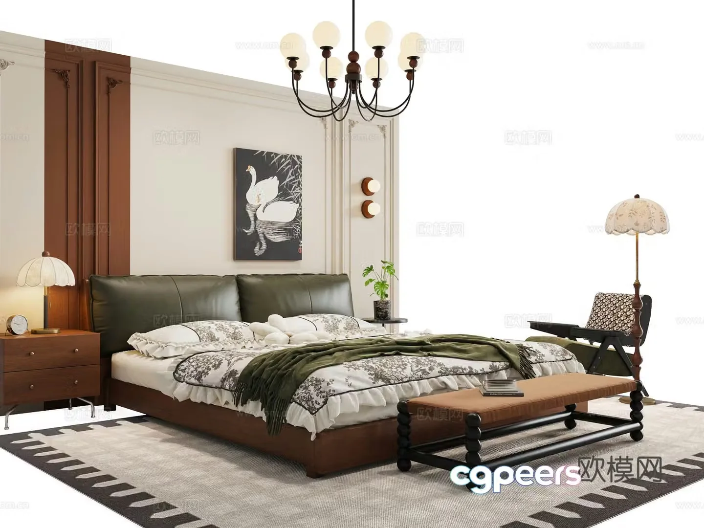 French medium -style bedroom double bed 3D model