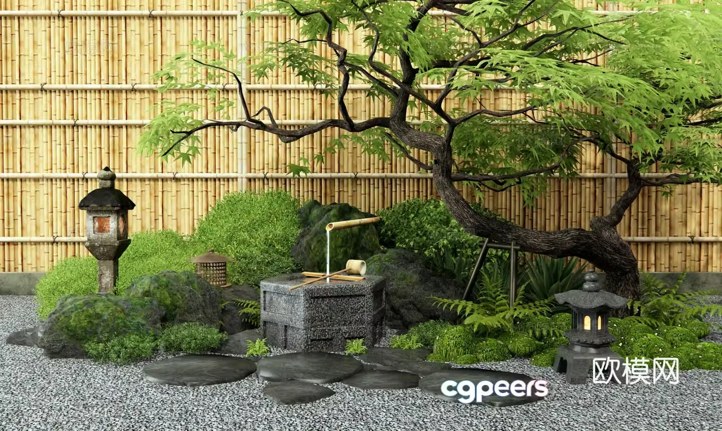 Japanese style garden sketch dry landscape shrub maple bamboo fence water bowl waterscape plant pile 3d model