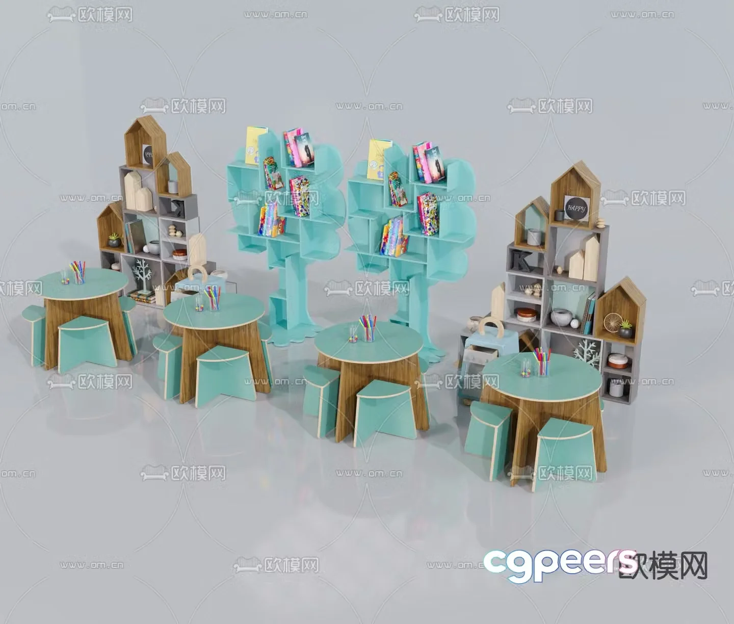 Children’s table and chair cartoon bookshelf 3d model