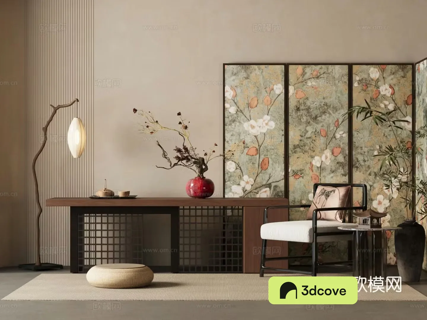 New Chinese style plan end view platform folding screen floral ornaments floor lamp