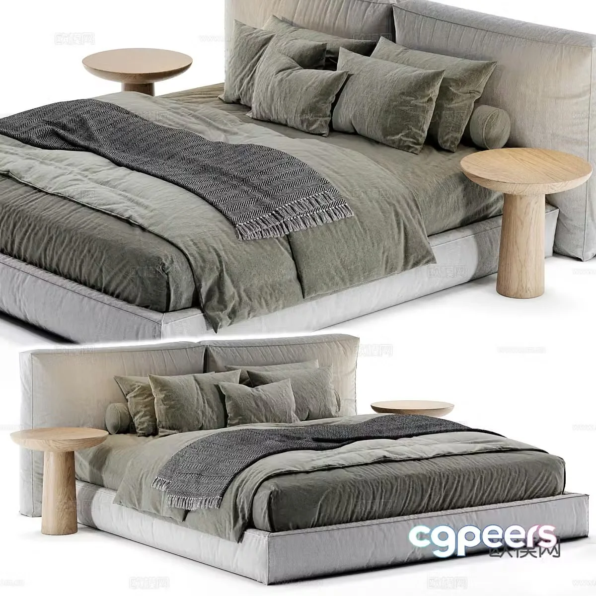 Simple double bed fabric double bed solid wood bed side bedding products tofu block double bed folk 3D model