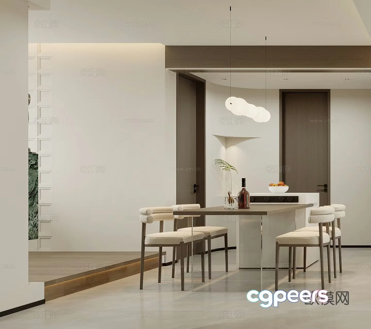 Modern restaurant dining table island chandelier cream style simple modern living restaurant 3d model