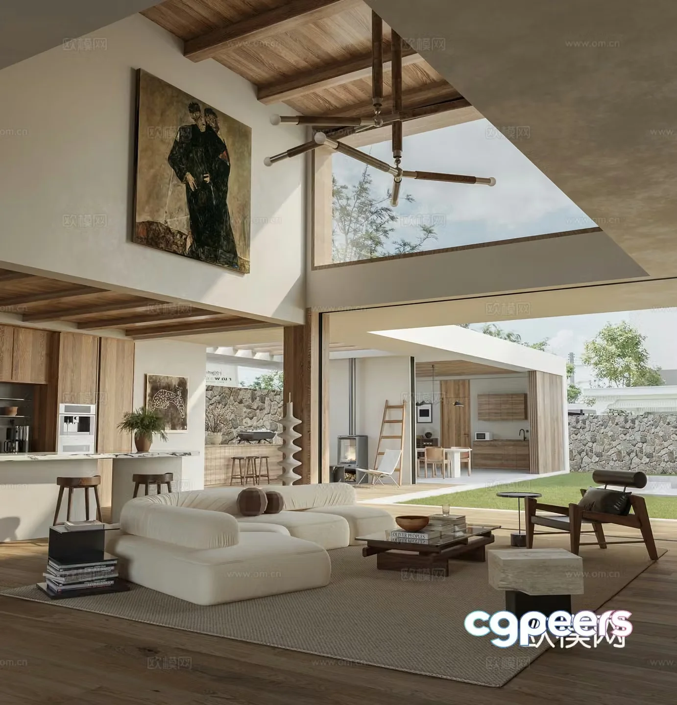 Log medieval style villa high living room 3D model
