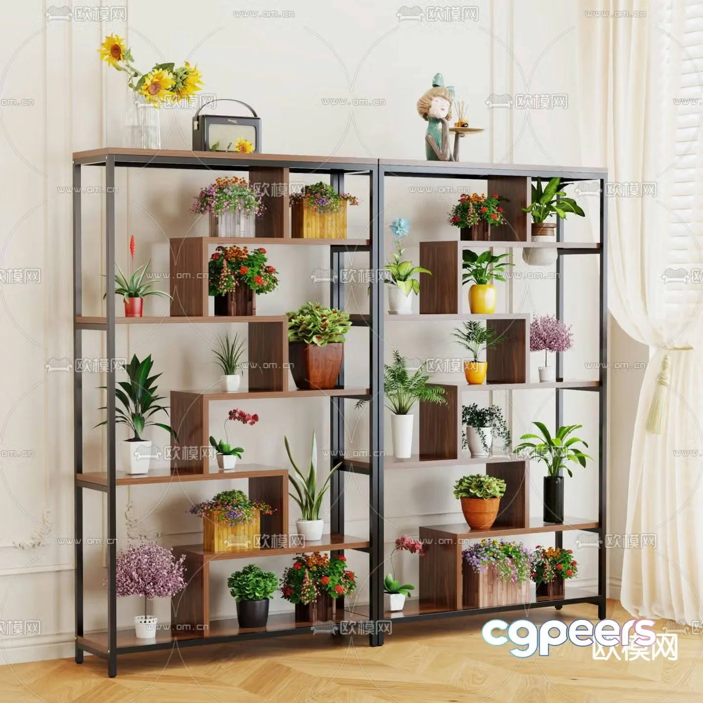 Multi-layer storage rack steel wood flower rack 3D model