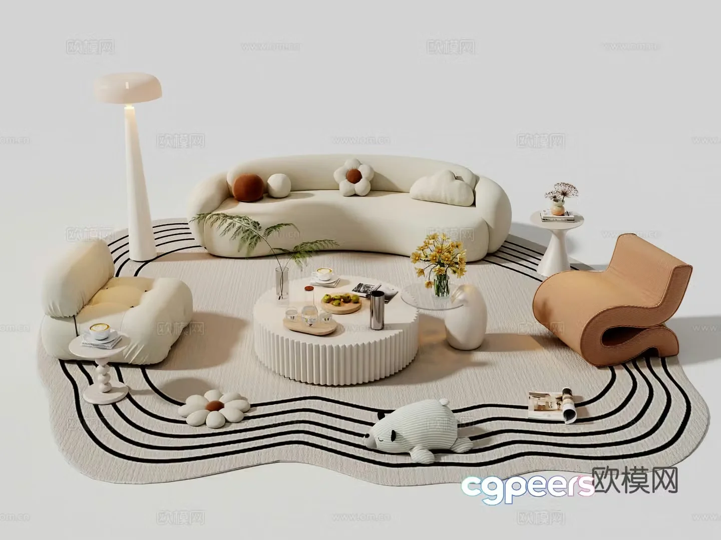Modern cream sofa combination casual sofa living room sofa combination curved sofa sofa coffee table 3D model