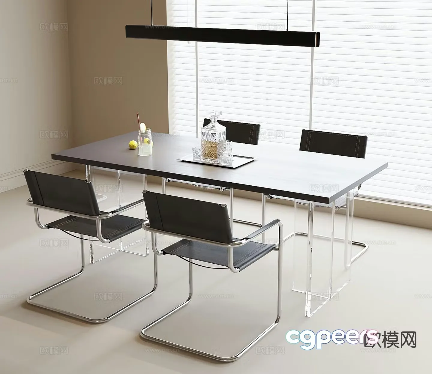 Long dining table and chairs 3d model