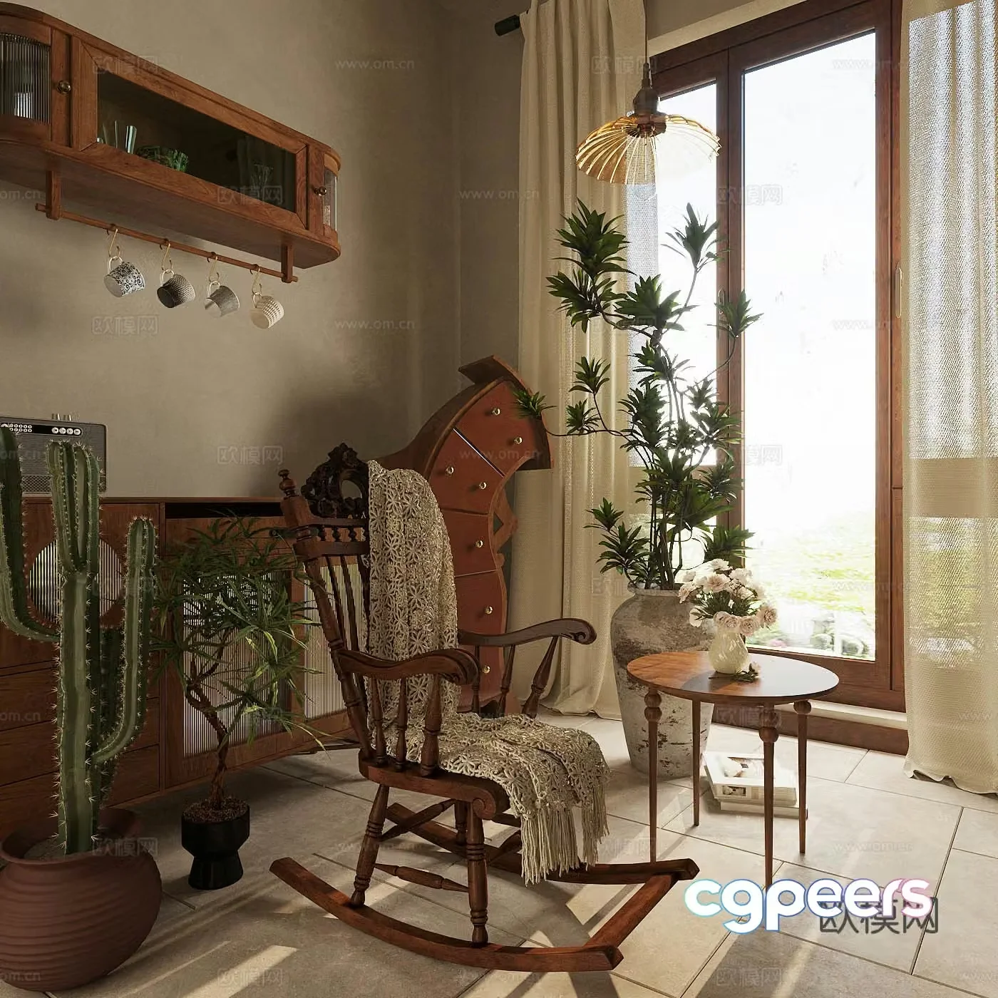 Middle-aged rocking chair decorative cabinet medieval leisure chair solid wood single chair chest of cabinet storage cabinet 3d model