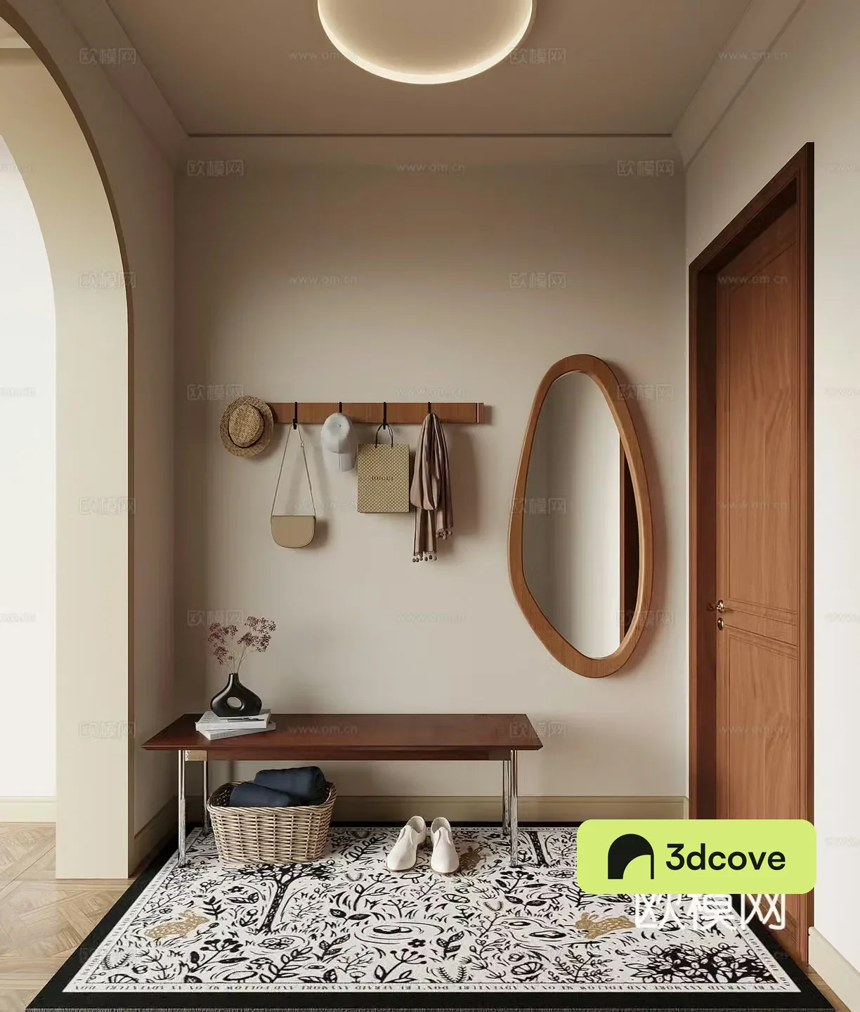 Middle-aged style entrance clothes hook shoe changing stool dressing mirror 3D model