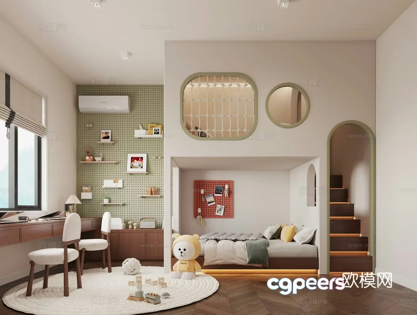 Middle-aged children’s room high and low bed tree house children’s room desk chair laminate rack 3D model
