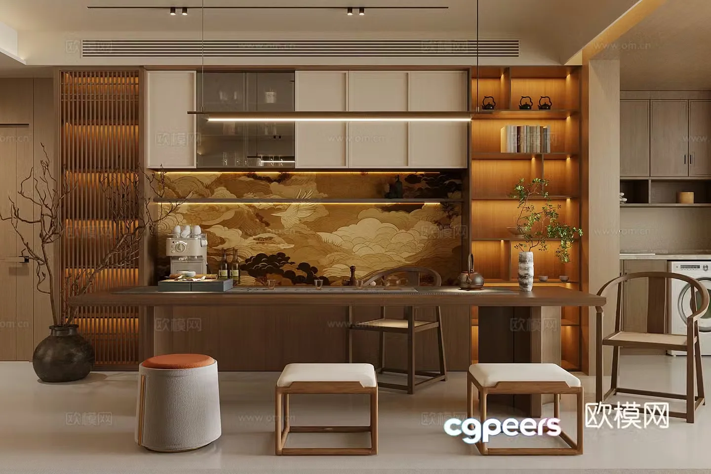 New Chinese Zen Tea Room Tea Tasting Area Song-style Aesthetic Tea Room Balcony Tea Room Chinese Tea Cabinet 3D Model