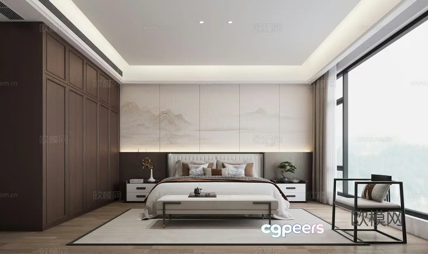 New Chinese style master bedroom New Chinese style bed combination 3D model