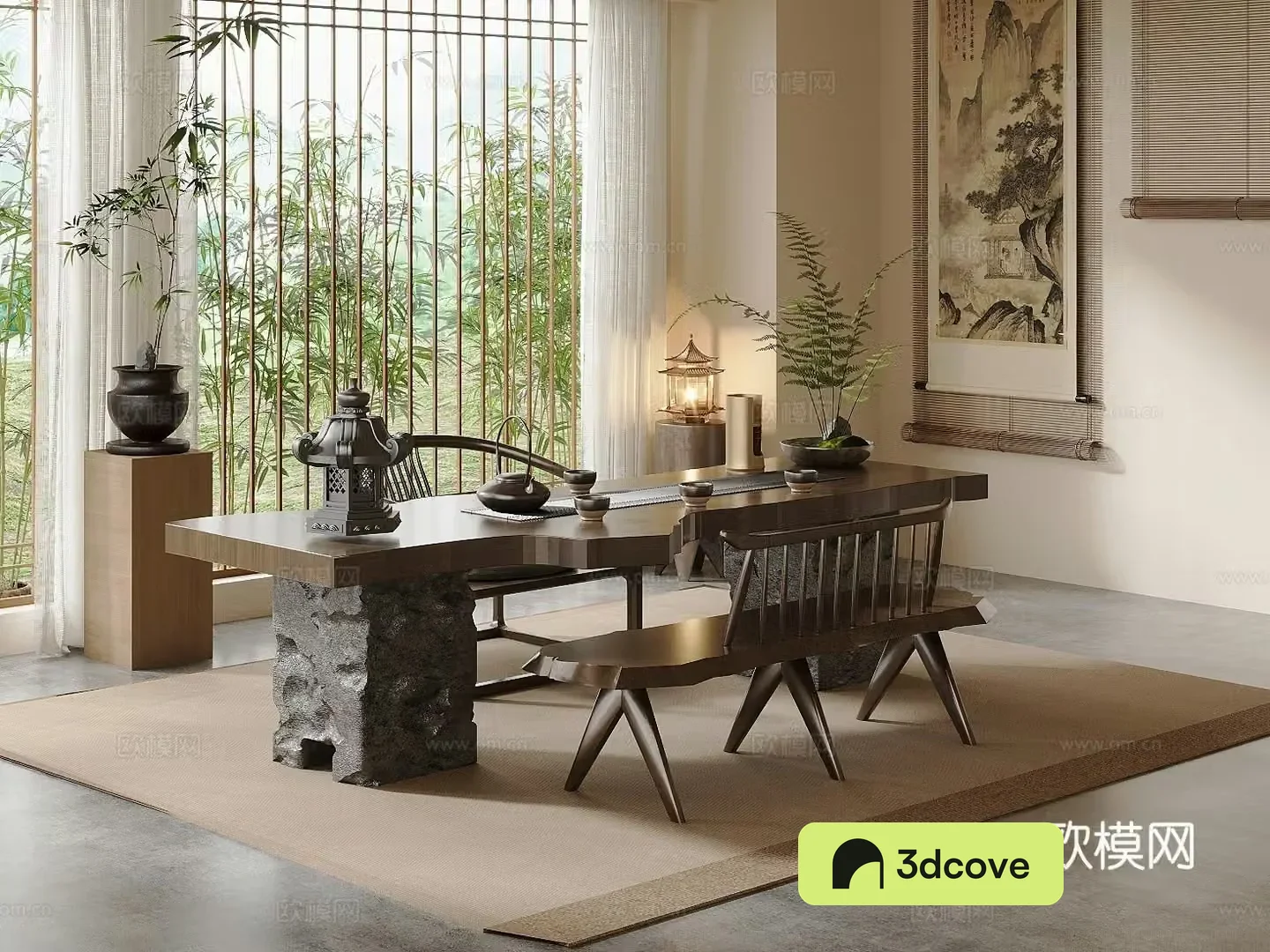 Middle-aged tea room tea tasting area club tea room balcony tea room solid wood tea table and chair tea cabinet 3D model