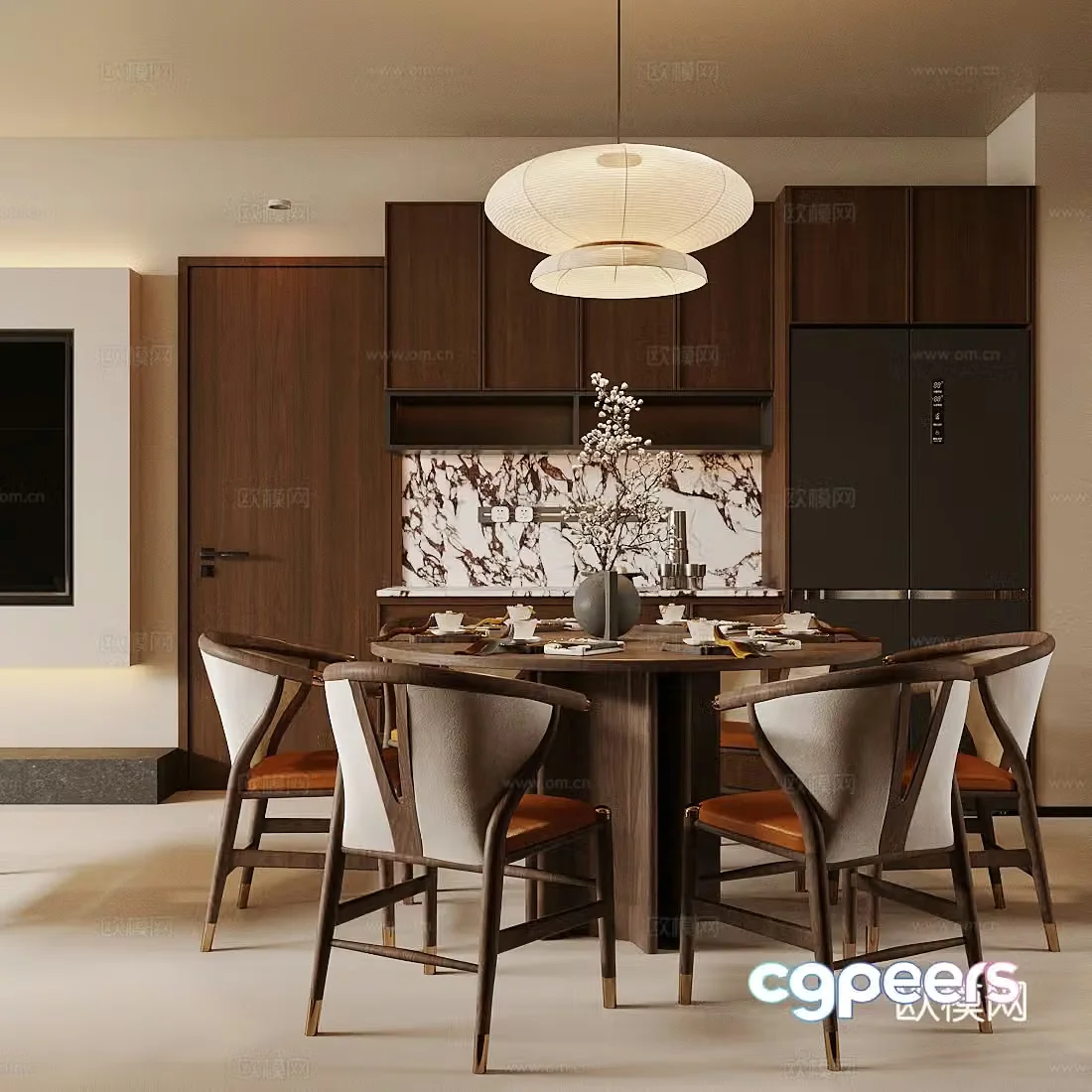 Style Zen Home Restaurant Open Restaurant Middle Style Restaurant Solid Wood Dining Table Chair Dining Table 3D Model
