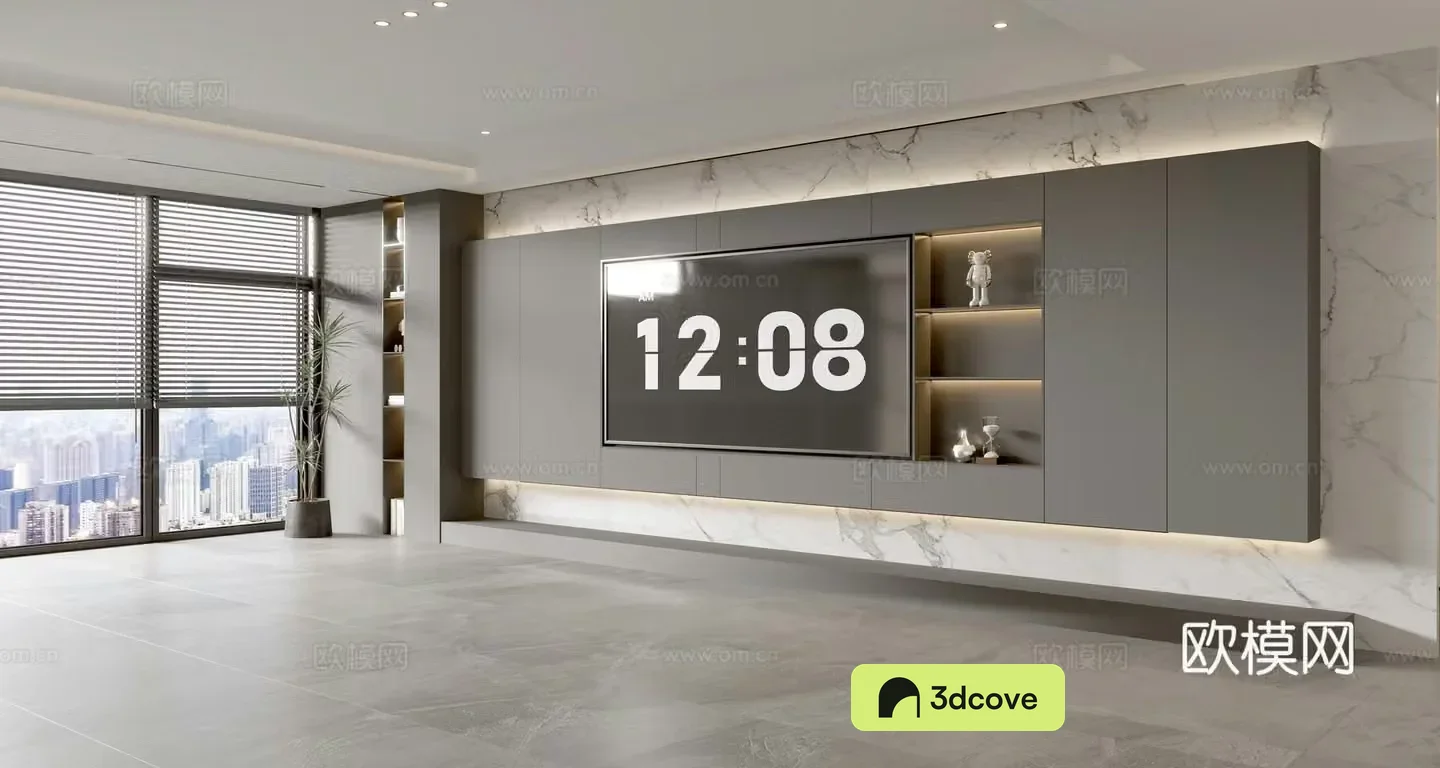 Modern Italian living room light luxury TV background wall full wall TV cabinet marble background wall