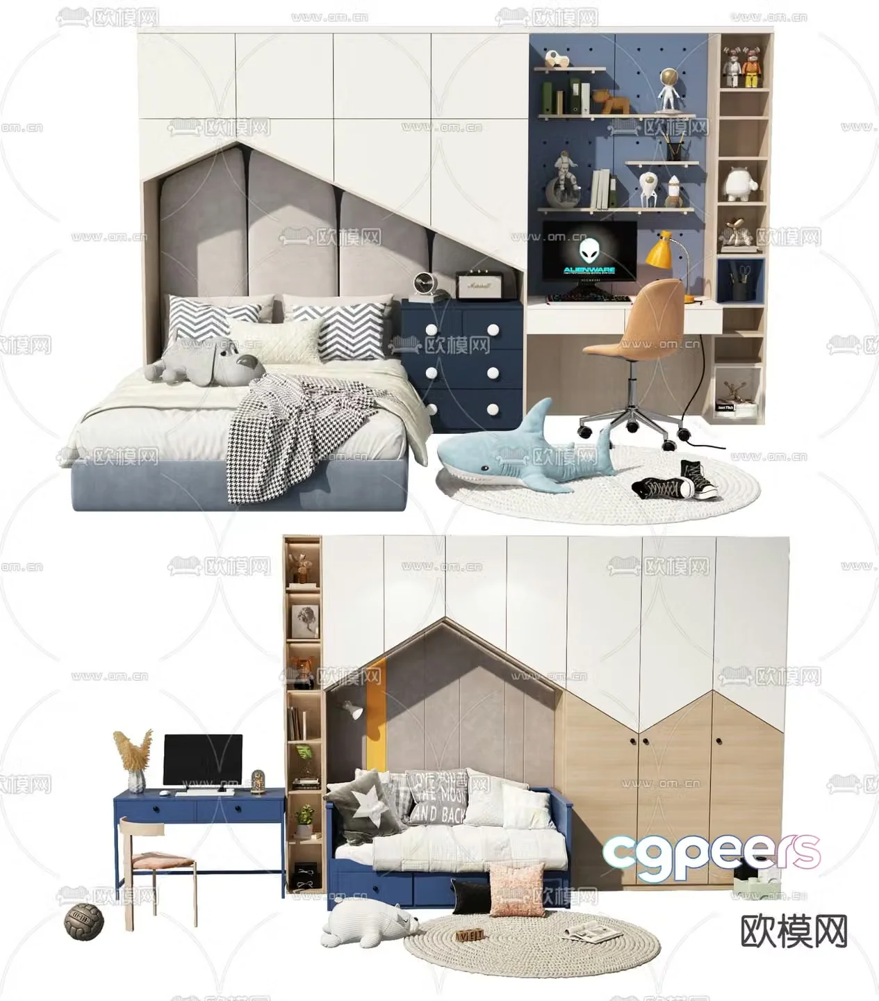 Modern children’s bed desk wardrobe integrated 3d model