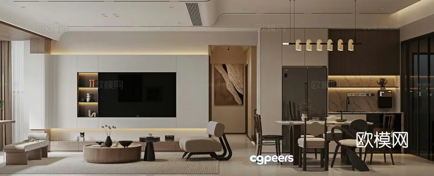 Modern living and dining room 3d model