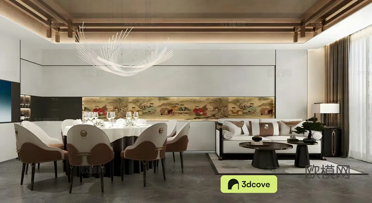 New Chinese-style private room Restaurant private room Dining table and chair combination Chandelier Sofa coffee table combination