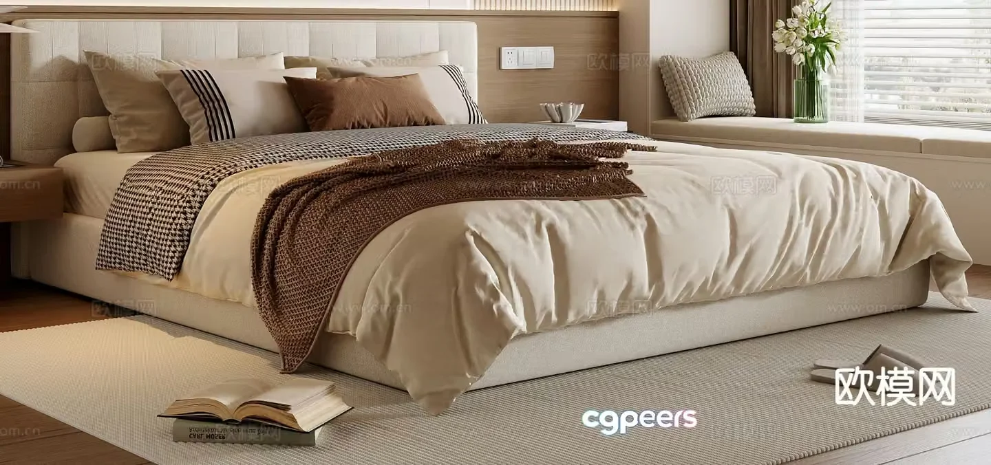 Cream style double bed 3d model