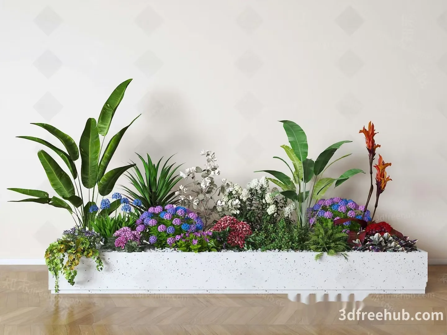 A Large White Planter Filled With Various Plants 3D Model – 23574 – VRAY Render