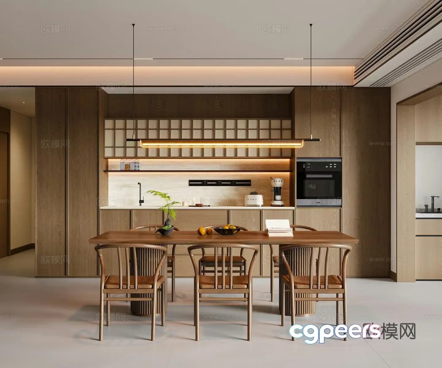 New Chinese Song style restaurant dining table and chair chandeliers sideboard wine cabinet 3D model