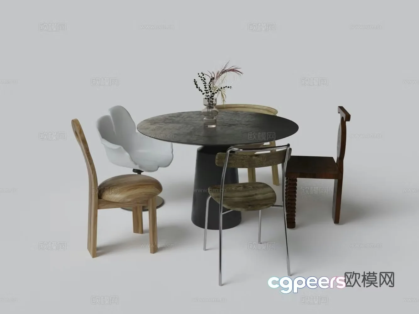 Medium style dining table and chair combination 3D model