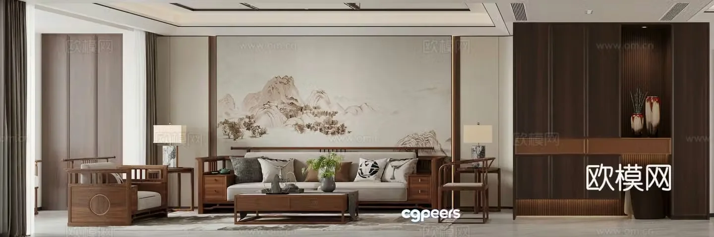 New Chinese style living and dining room combination sofa dining table shoe cabinet wine cabinet medieval style living room Song style 3D model