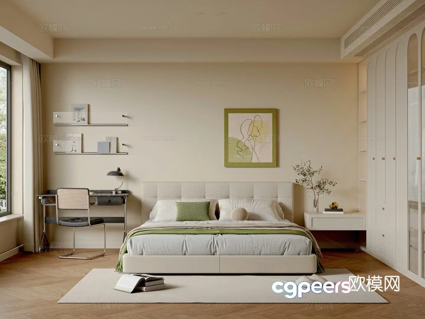 Modern creamy bedroom master bedroom double bed wardrobe desk chair hanging painting bookshelf 3d model