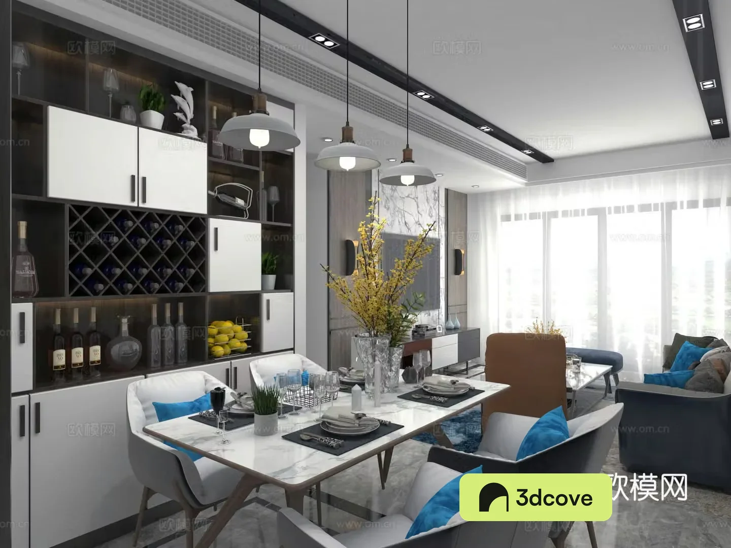 Modern restaurant dining table and chair wine cabinet chandeliers