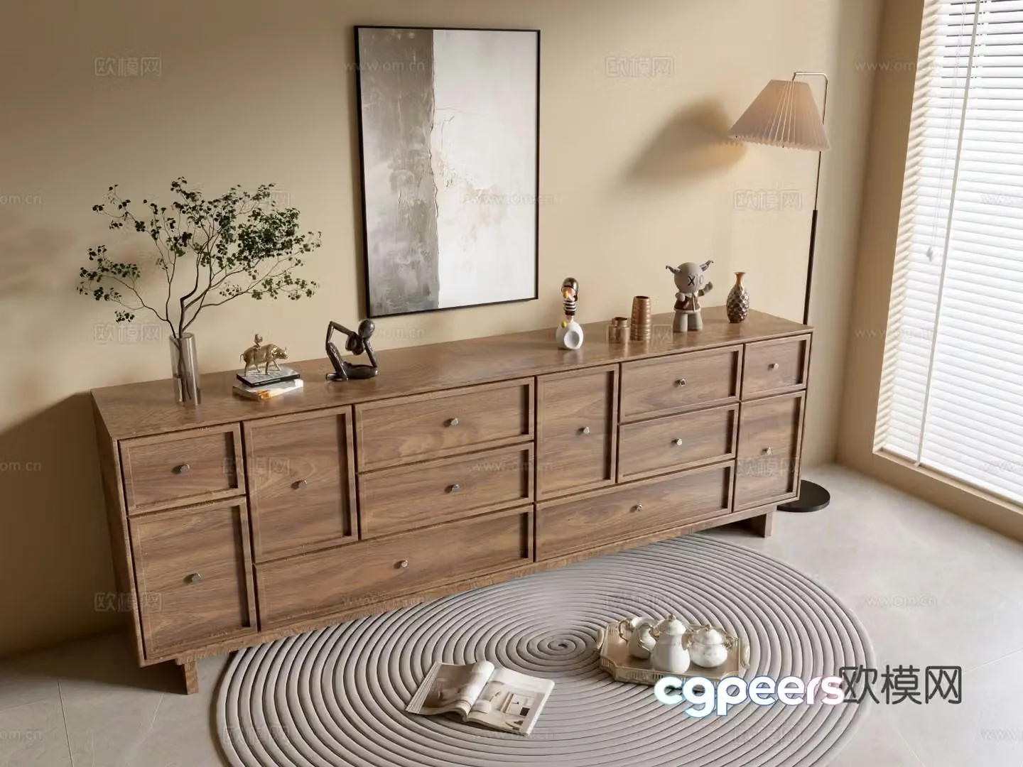 Log style side cabinet wood grain cabinet chest of drawers 3D model