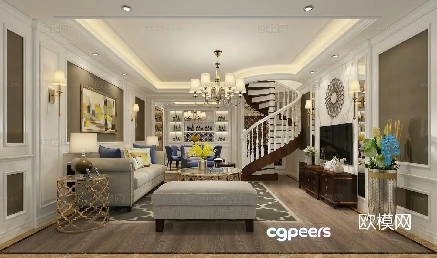European style living and dining room sofa chandeliers TV cabinet coffee table 3D model