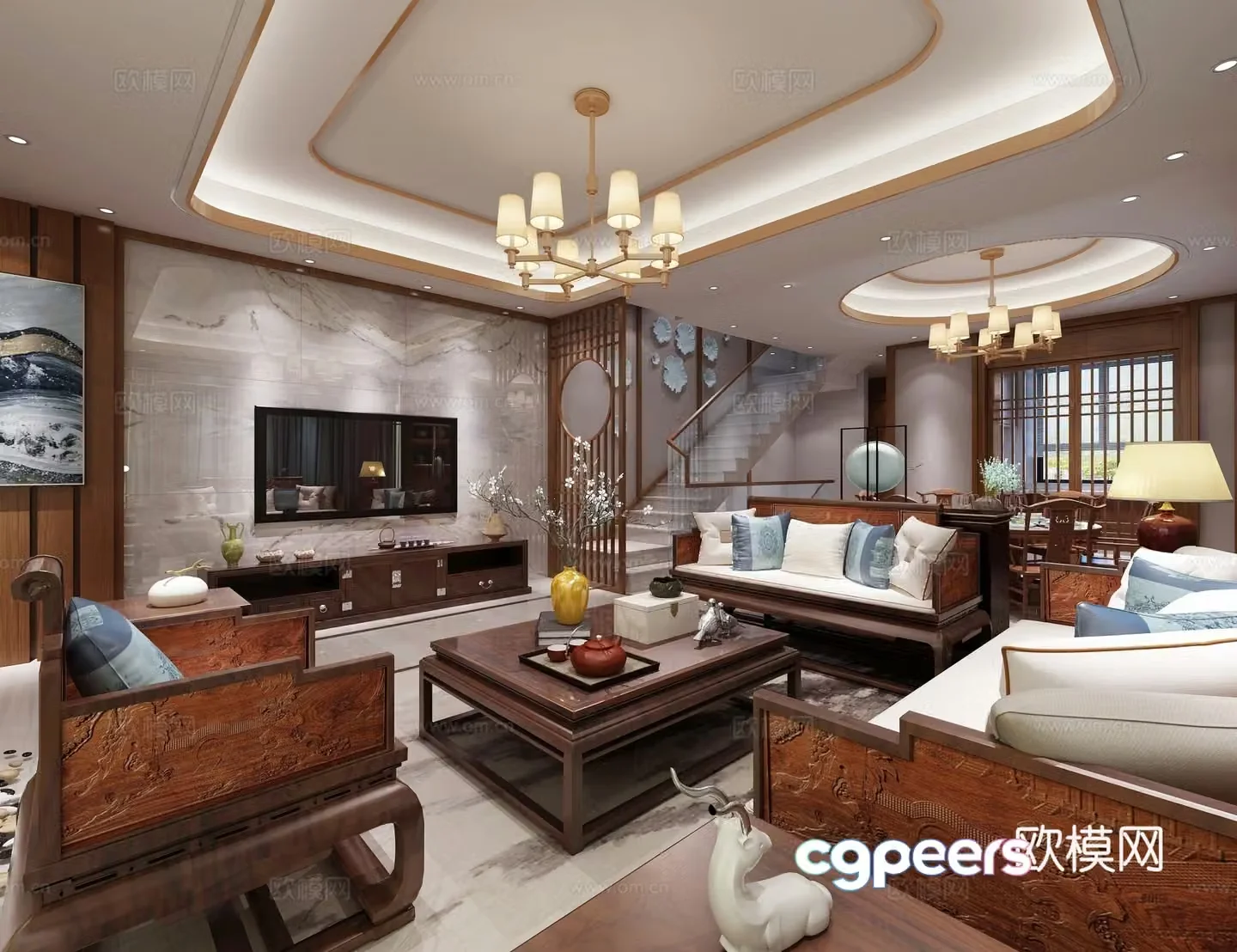 Chinese living and dining room chandeliers TV cabinet wine cabinet 3d model