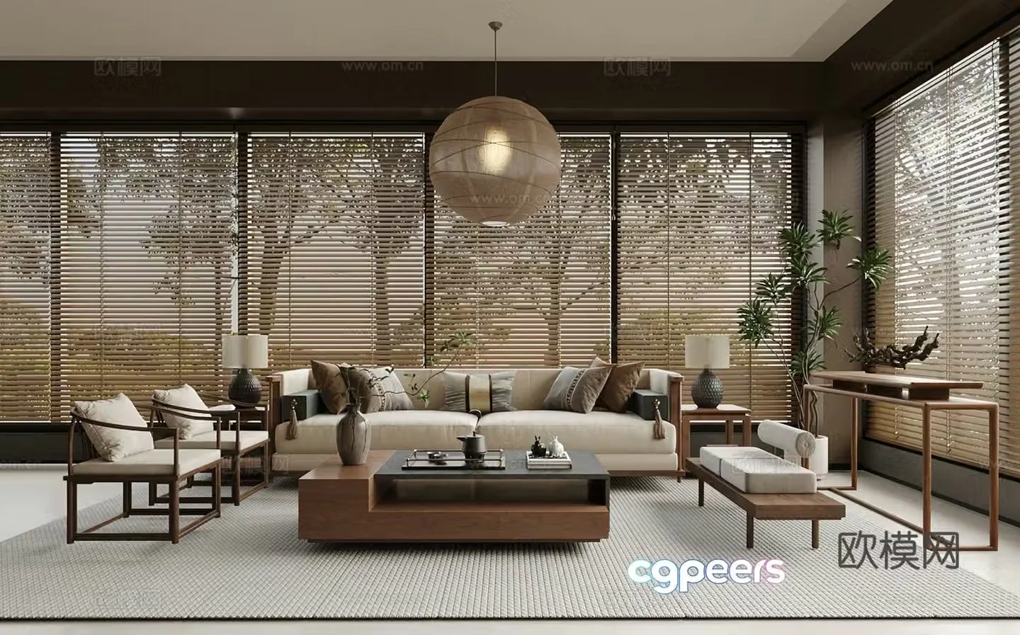 New Chinese-style home living room large living room sofa and coffee table combination chandelier 3D model