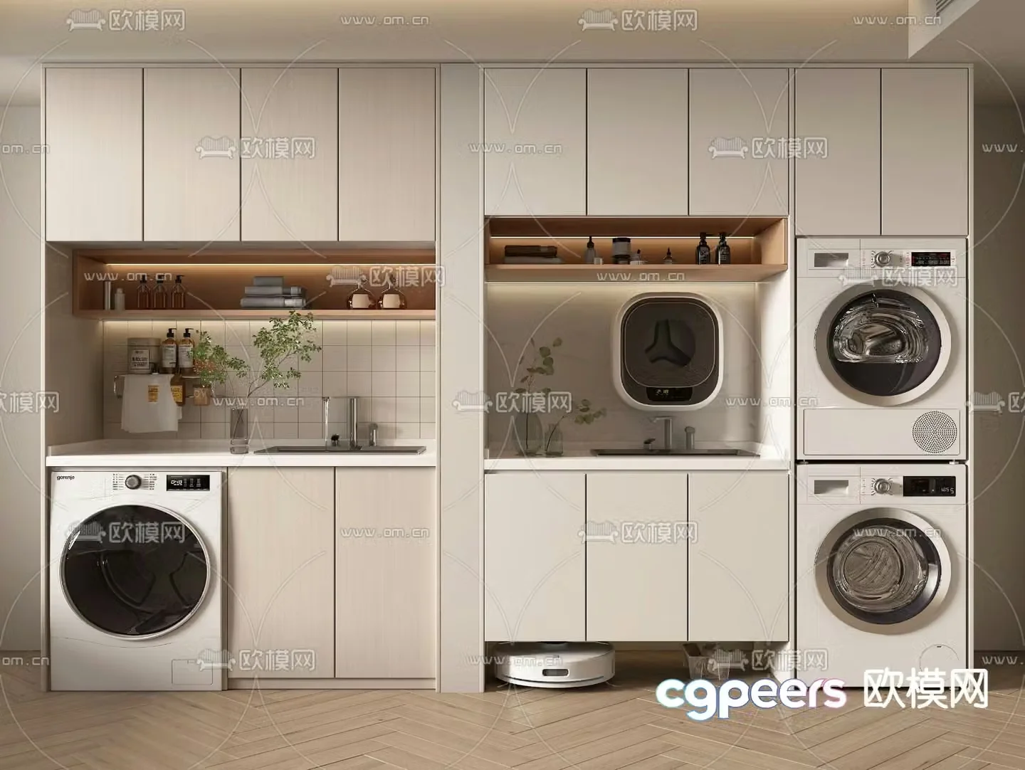 Cream style balcony washing machine cabinet 3d model