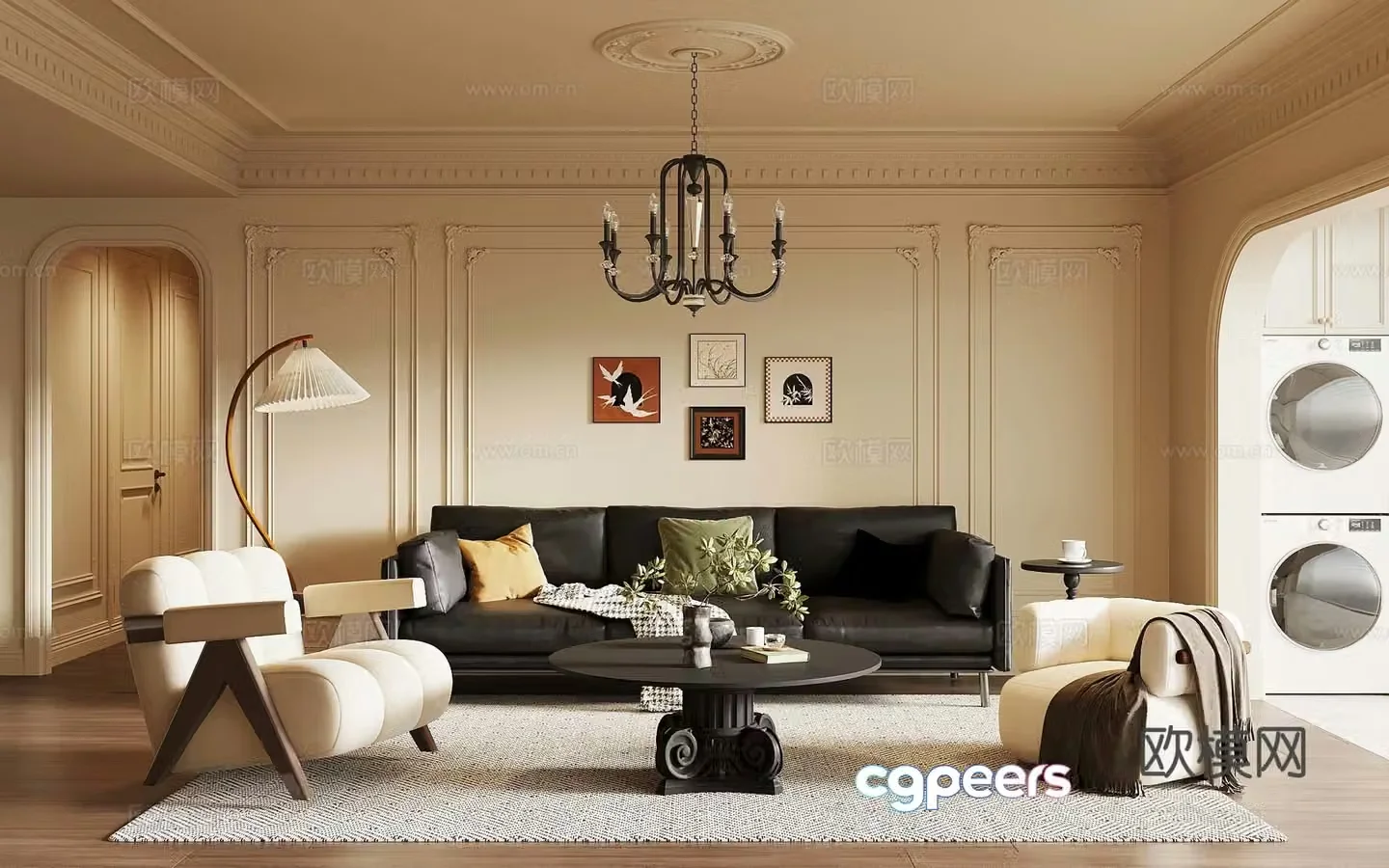 French medieval style living room sofa background wall sofa coffee table combination 3D model