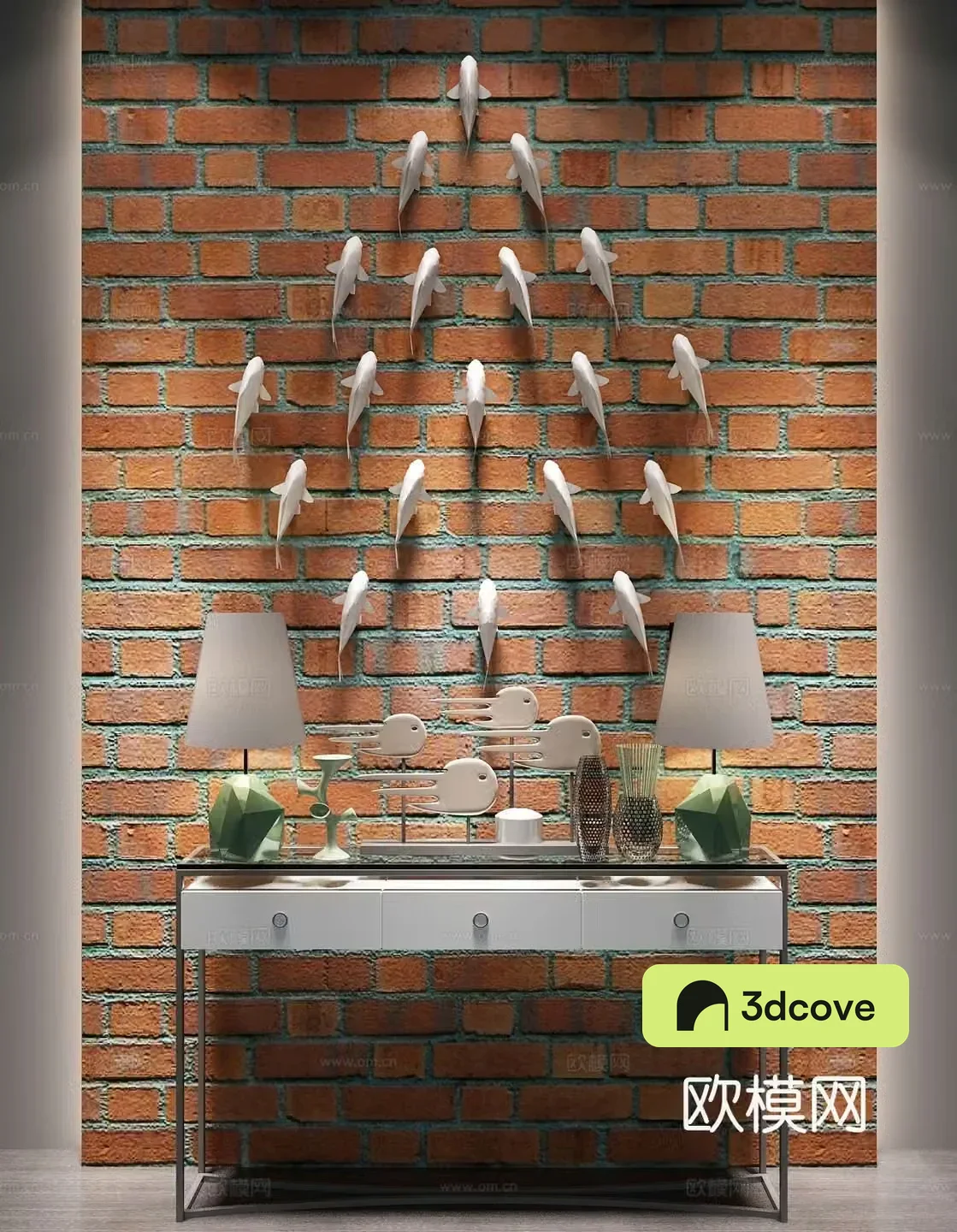 Industrial style fish hanging decoration red brick background wall end view platform