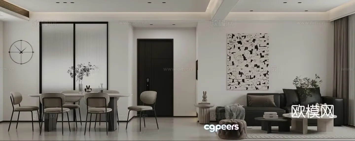 Modern black white and gray living and dining room flat floor living and dining room without main light 3d model