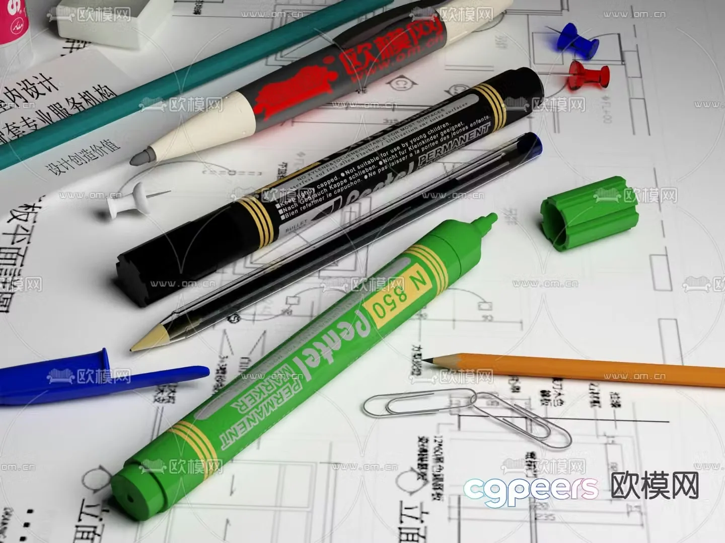 Marker Pencil Ballpoint Pen Office Stationery 3D Model