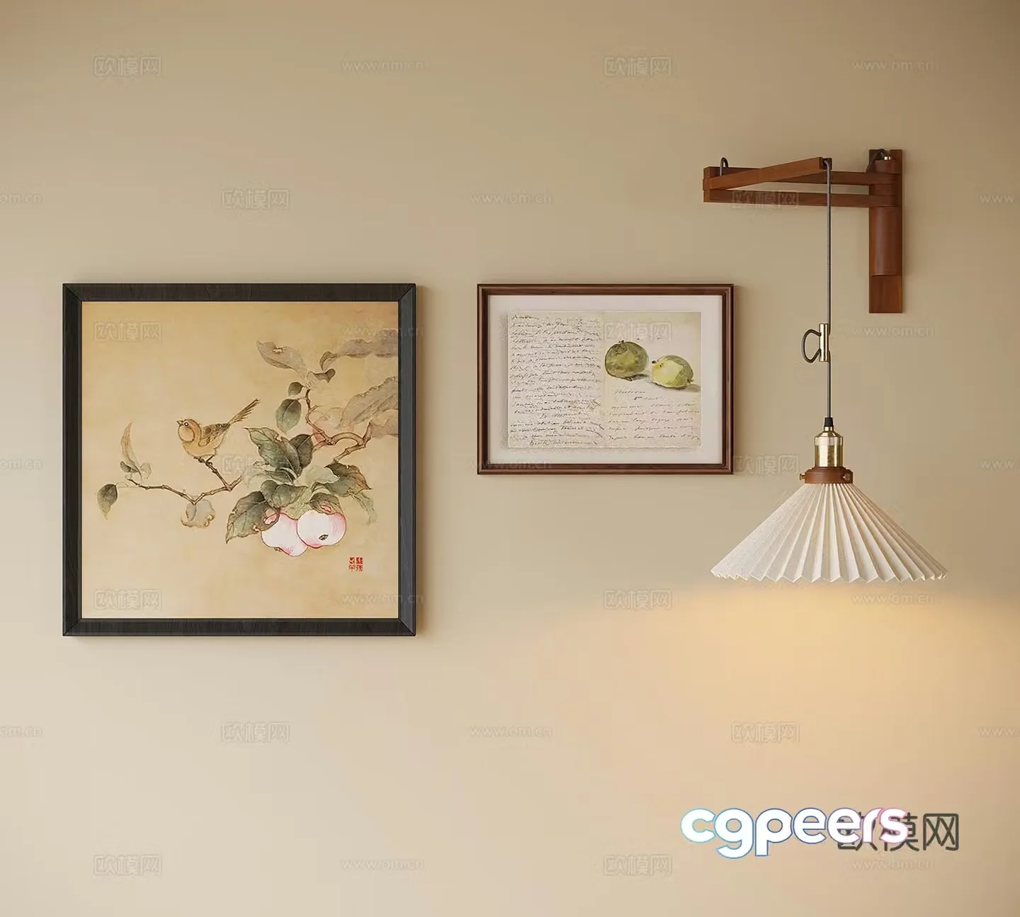 Middle-aged wall lamp decorative painting flower and bird painting 3d model
