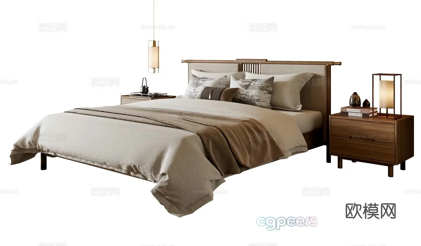 New Chinese style double bed 3D model