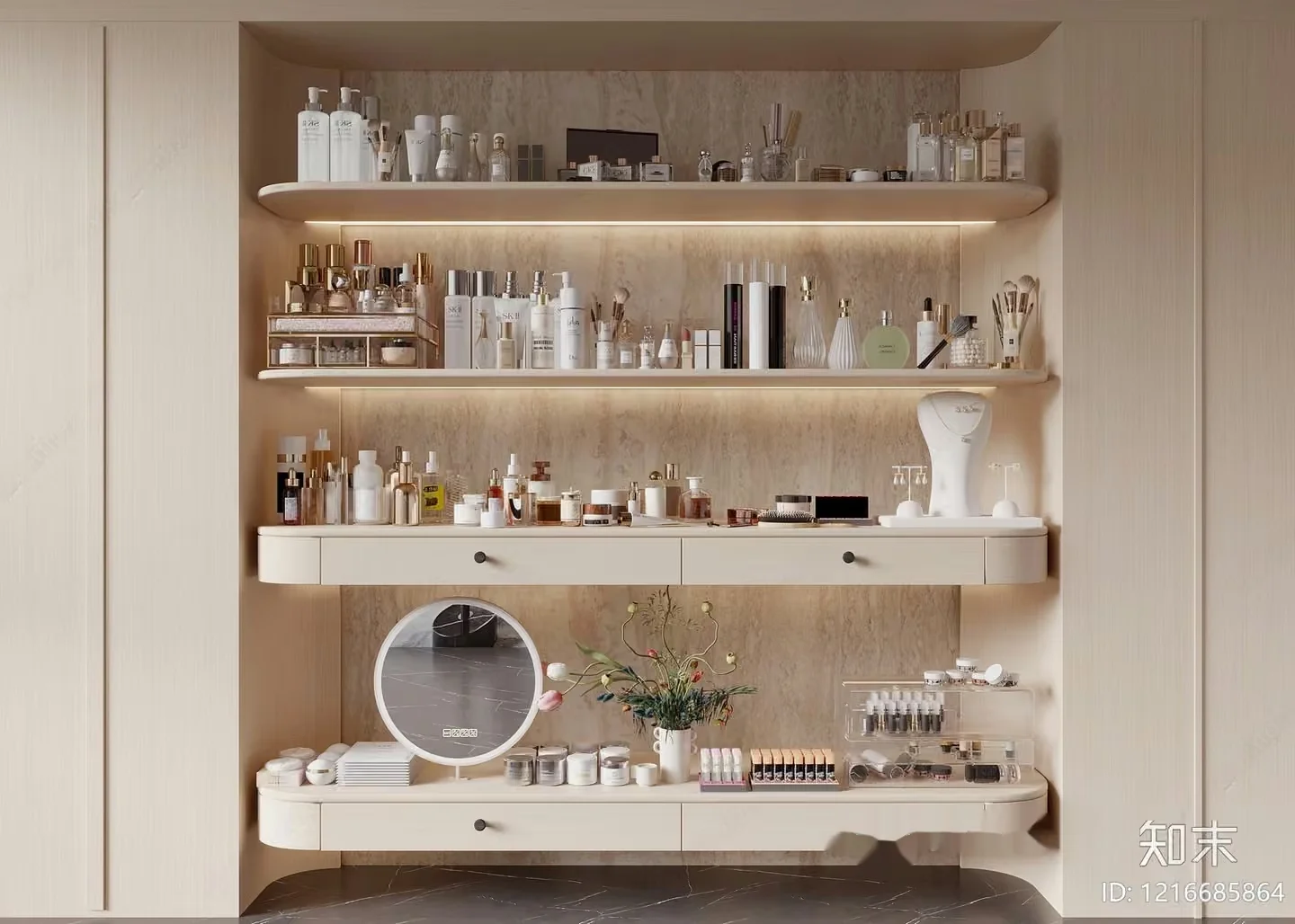 A Shelf With Various Cosmetics 3D Model – 16443 – VRAY Render