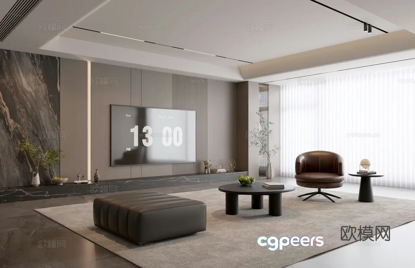 Italian living room sofa coffee table combination leisure chair sofa stool decoration leather 3D model